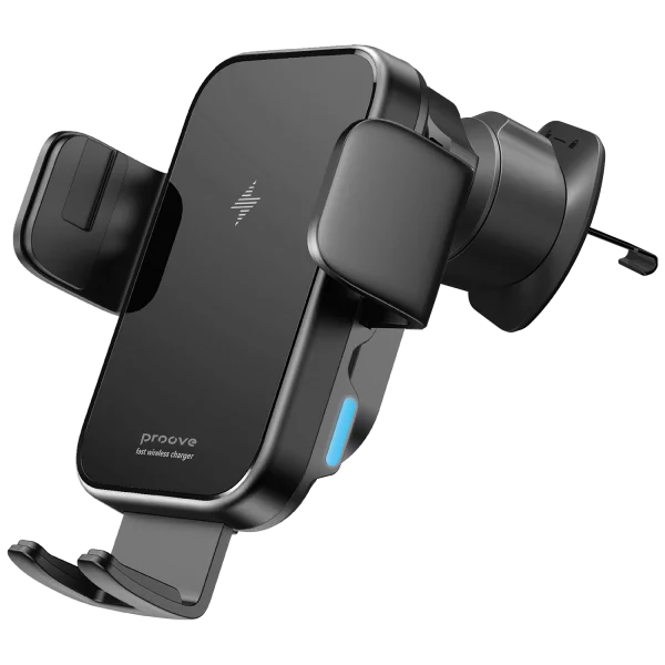 Mbajtëse për telefon me karikim wireless Proove Triple Clamp, 15W, për ventilim ose panel, e zezë